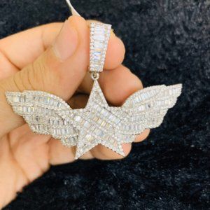 14k White Gold Finish Star With Wings Pendant